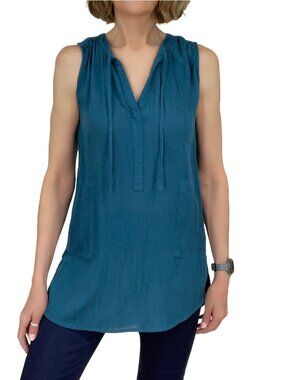 prAna Natassa Crinkled Tunic Sz XS Petrol Blue Modal Gauze Sleeveless Long Top